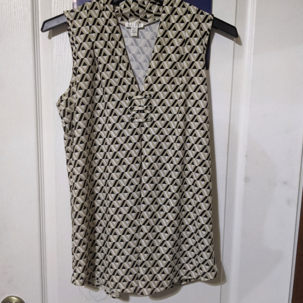 SALE Spense Black & Tan Triangle Geometric Abstract Print Sleeveless Top Blouse
